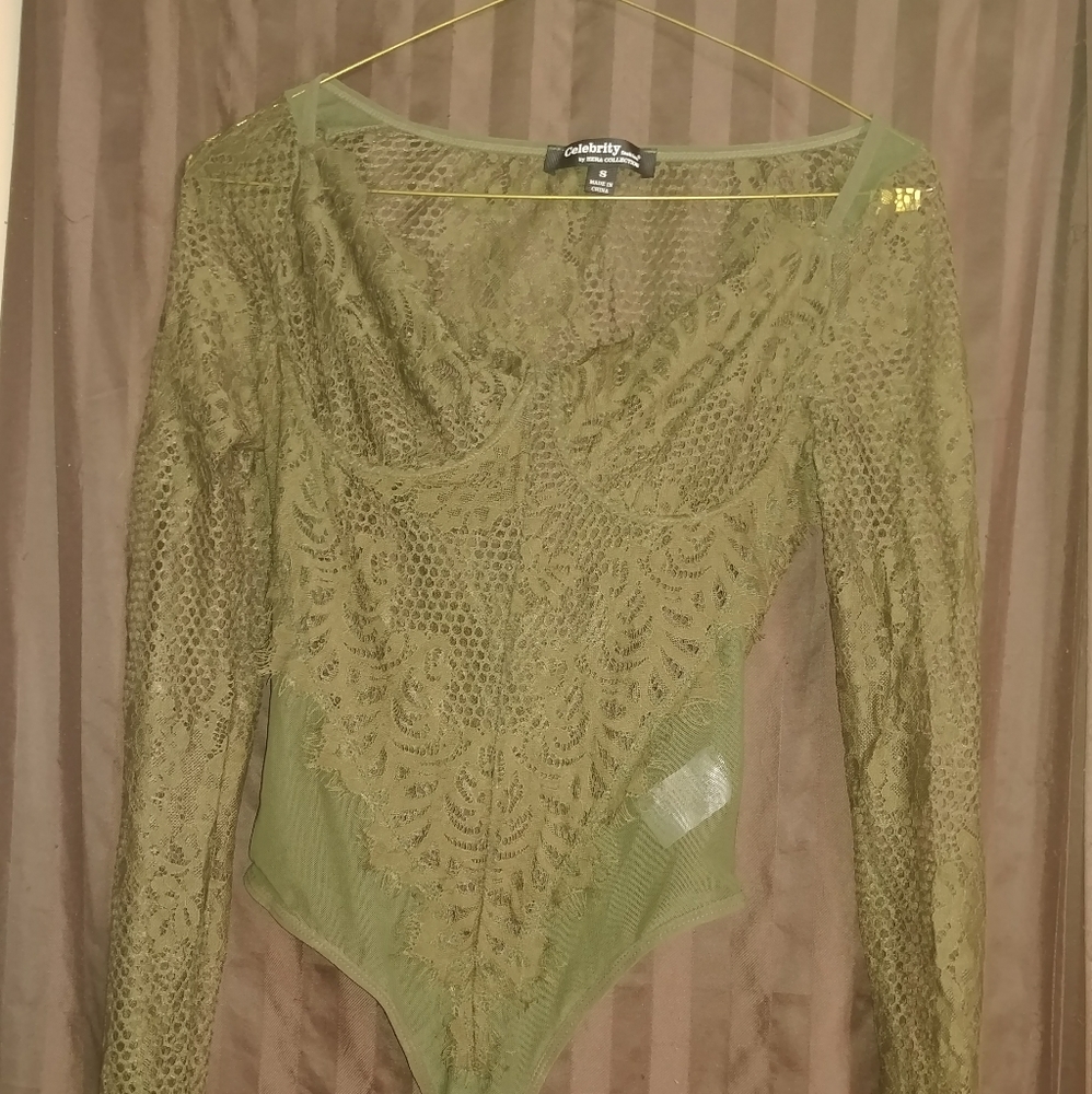 Army Green Sheer Detailed Bodysuit